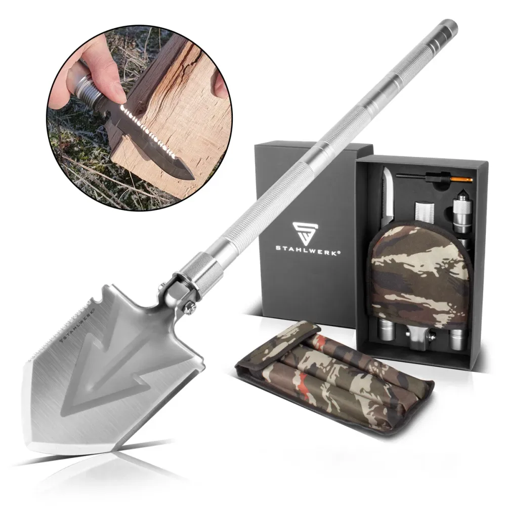 STAHLWERK Multitool / Multifunktionswerkzeug / Outdoor Survival Kit mit Klappspaten, Multifunktions-Messer, Säge, Notfallh...