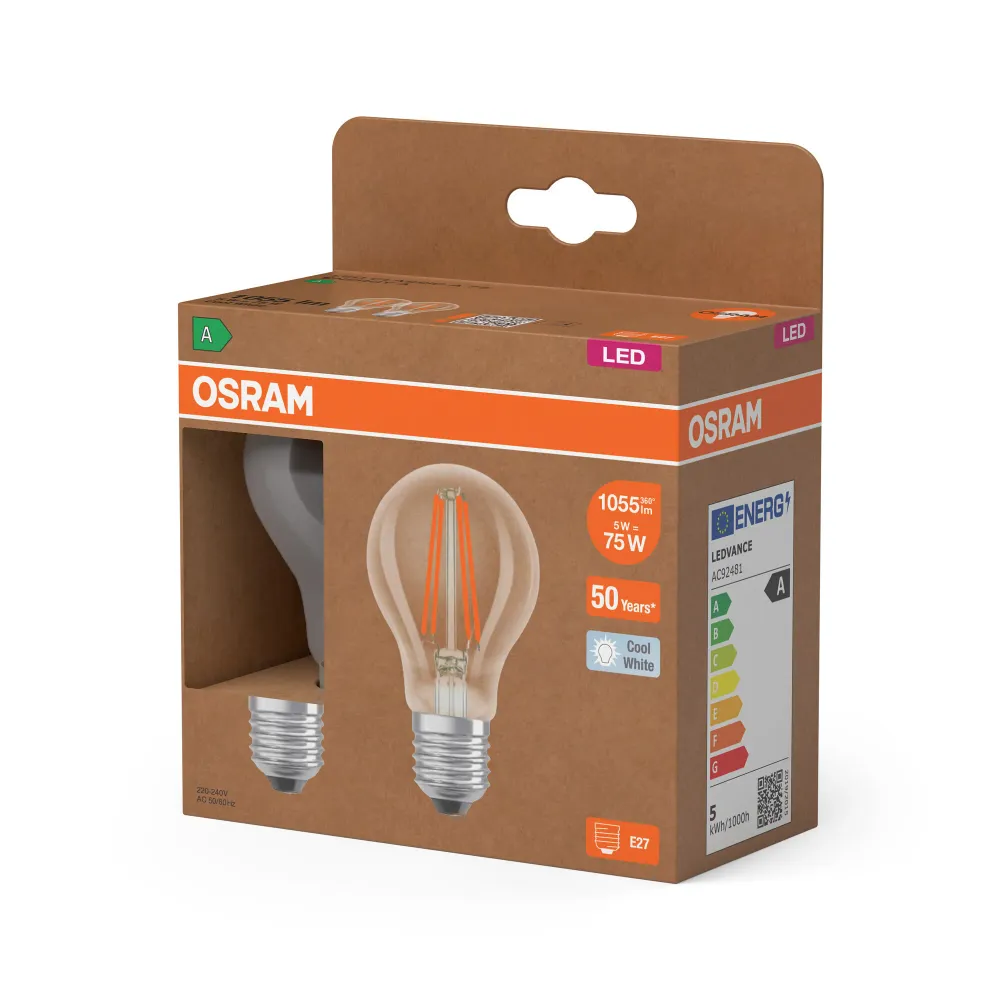 OSRAM Energy Class LED-Lampe, 5W, Klar, EEK , Kaltweiß, 2er Pack , E27