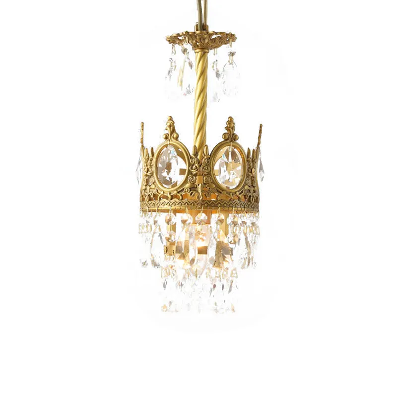 1 Glühbirne, facettierte Kristall-Tropfen-Anhänger, Vintage-Goldkrone, Wohnzimmer-Decken-Hängeleuchte Clearhalo