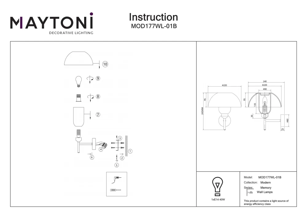 Maytoni Memory 1L Wandleuchte, schwarz E14 D 22cm