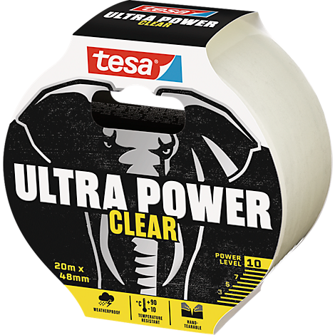 tesa® Montageband Ultra Power Clear, robust, temperatur-/wasser-/UV-beständig, von Hand einreißbar, 1 Rolle mit L 20 m x B...