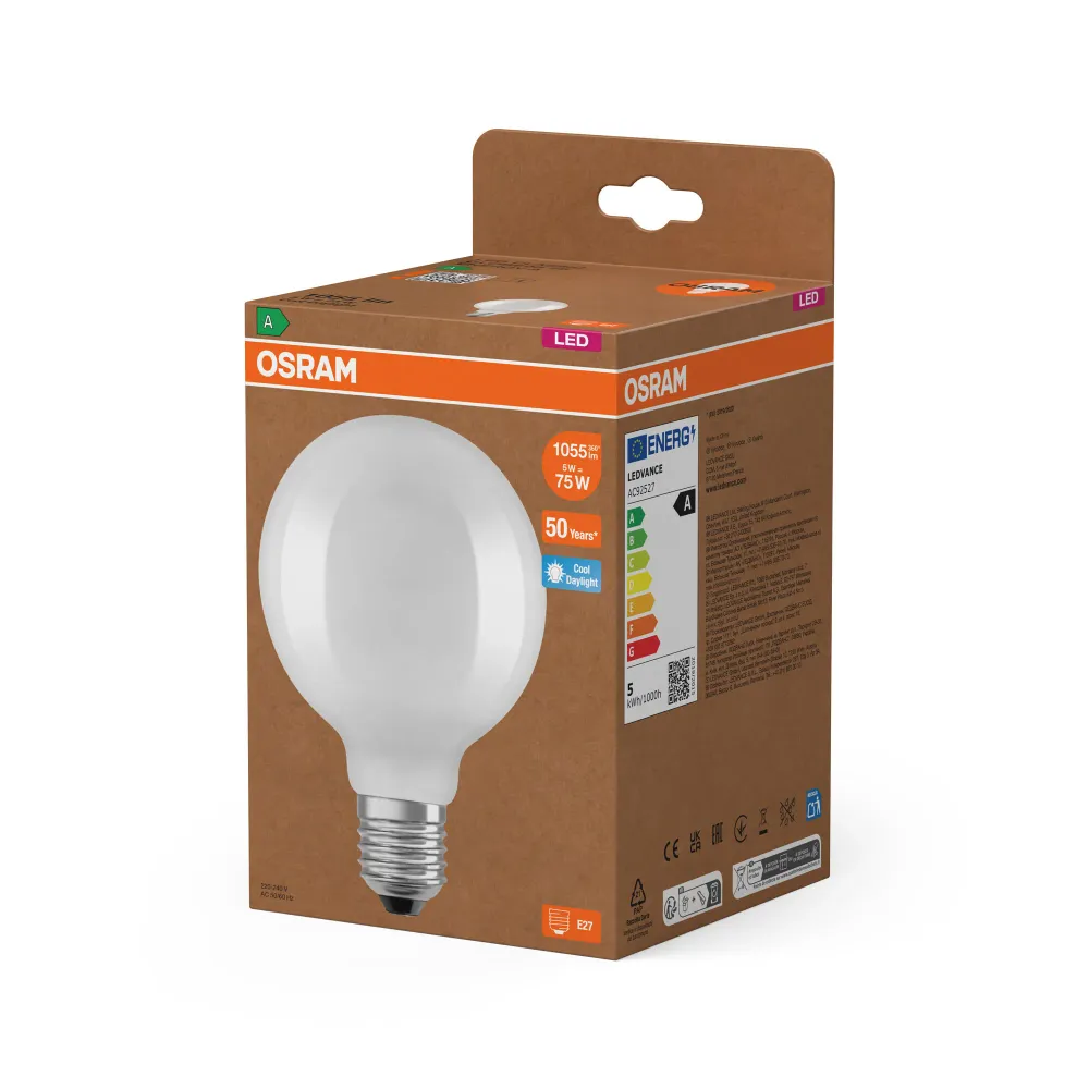 OSRAM LED-Globe-Lampe mit Filament EEK , E27, 5W, 6500K, Kaltes Tageslicht