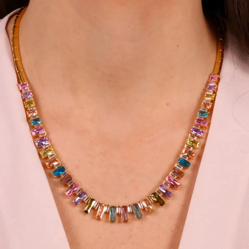 925er Silberhalskette als Choker mit farbigen Zirkonia
