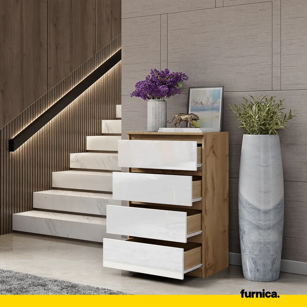 GABRIEL - Kommode / Sideboard mit 4 Schubladen - Wotan Eiche / Weiß Gloss H92cm B60cm T33cm