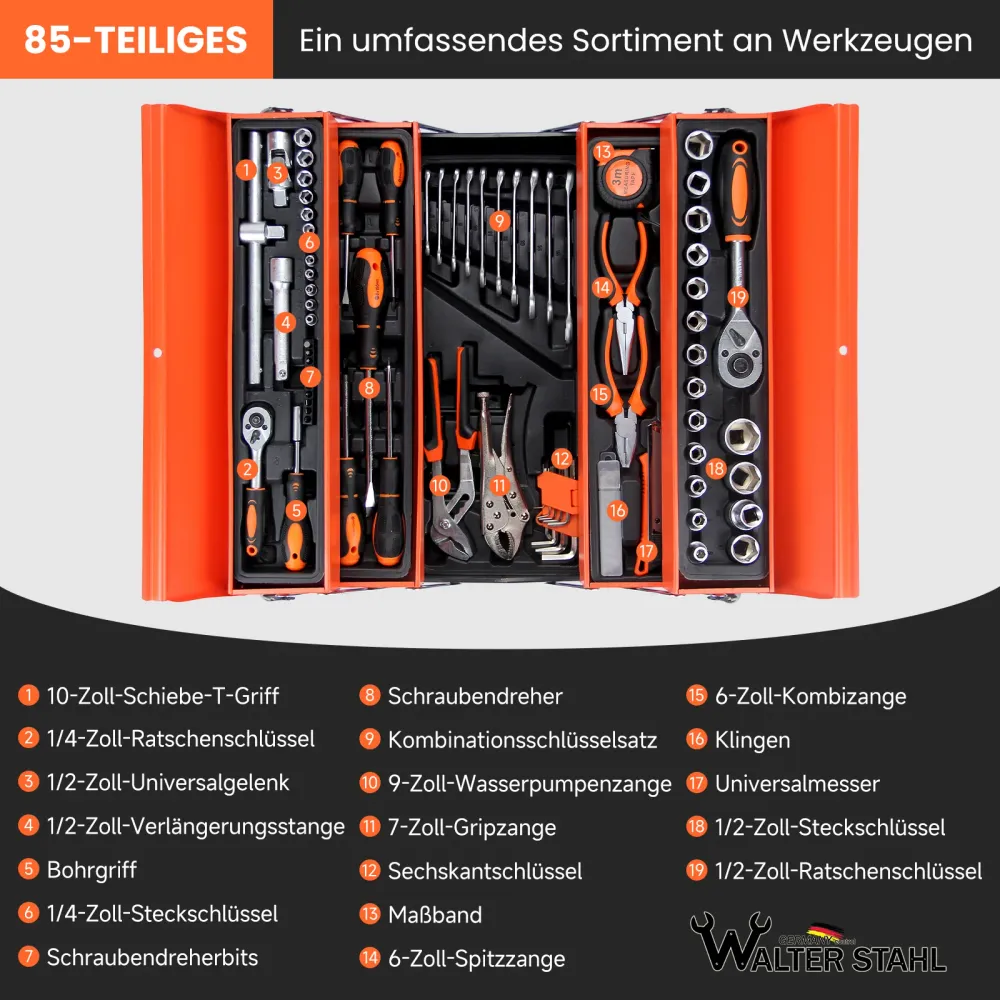 85-teiliges Profi-Werkzeugset mit Ratschen