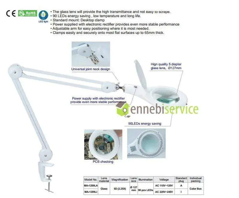 LED -Armlampe mit Objektiv mit Kappen 5 Diodatie 90 LEDs - 2.25x