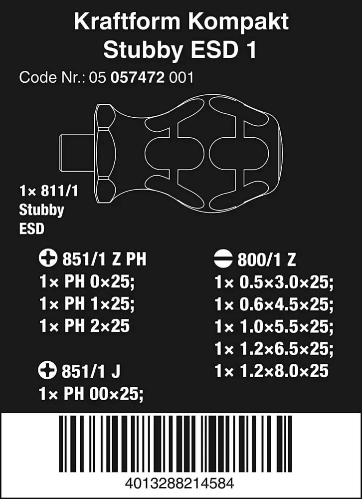 Satz von 9 Bits 25mm mit Bithalter Wera Kraftform Kompakt Stubby ESD 1 ref.057472